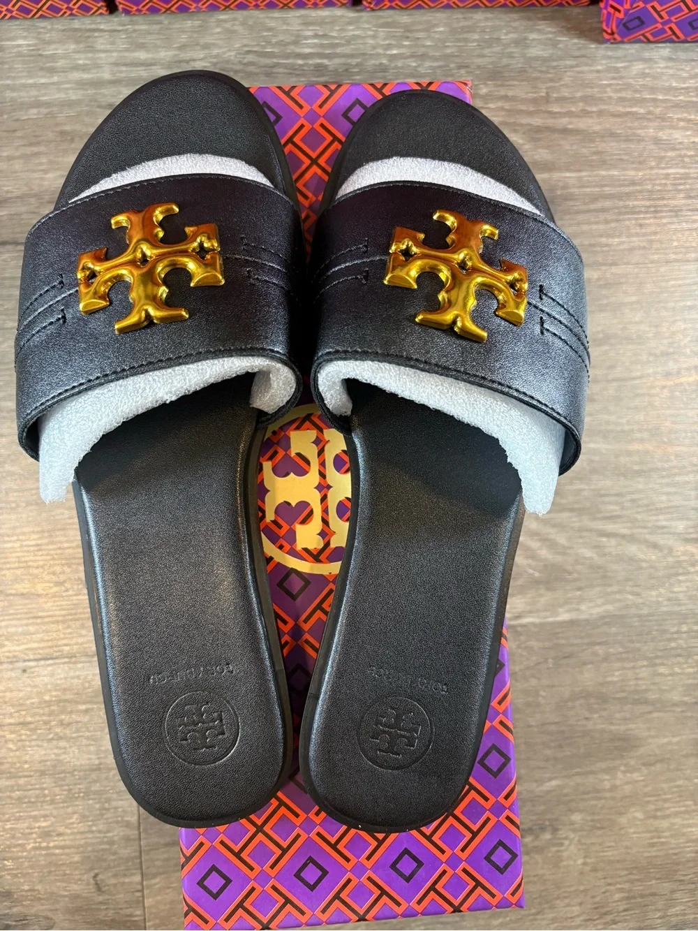Tory Burch Black Leather Slide Sandals with Gold
